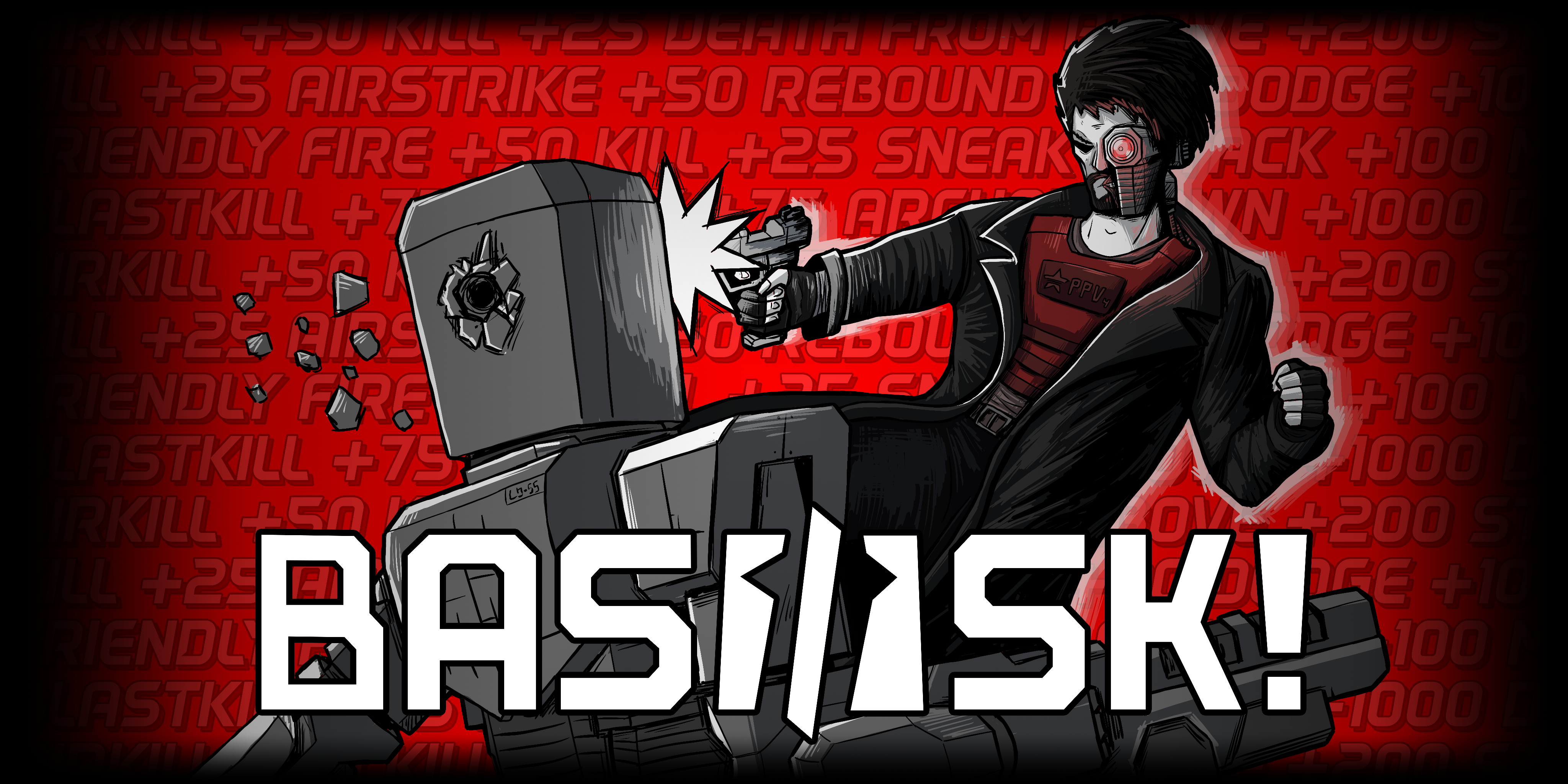 Promo art for BASILISK, featuring Roko shooting through the head of a robot