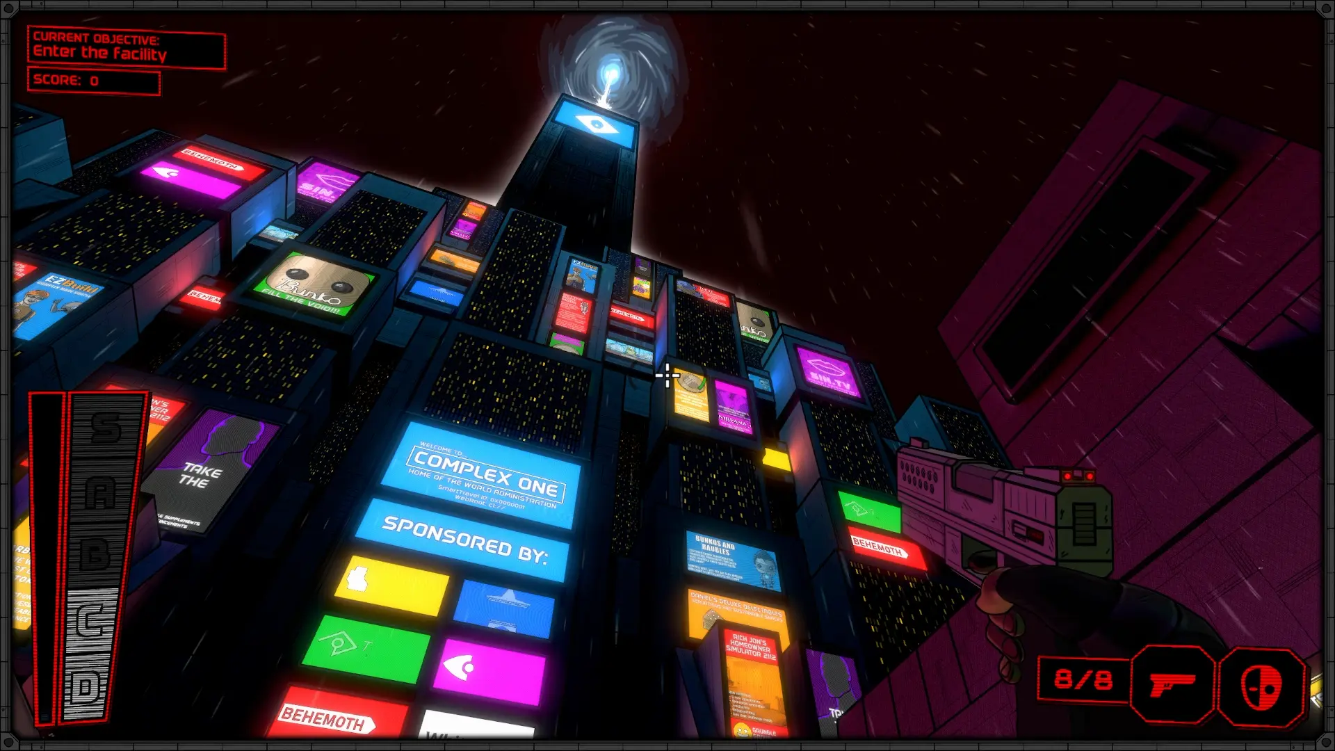 Gameplay screenshot showing the player at the entrance of Complex One.