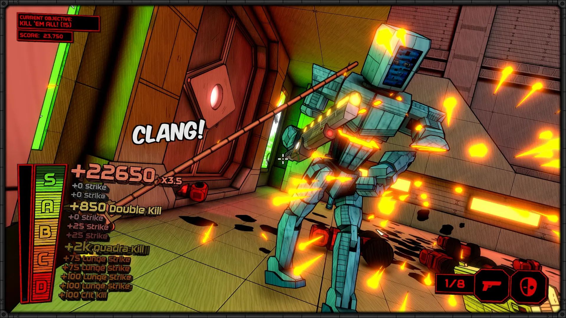 Gameplay screenshot of a robot being chopped in half by the player's melee attack.