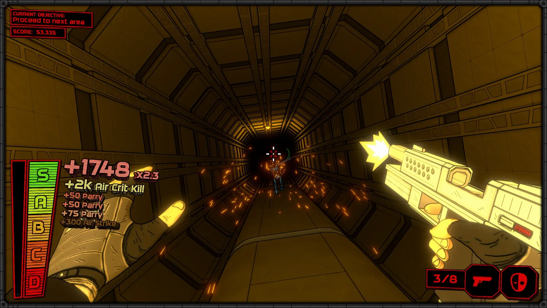 Gameplay screenshot showing player character standing on a moving subway train and shooting a robot.