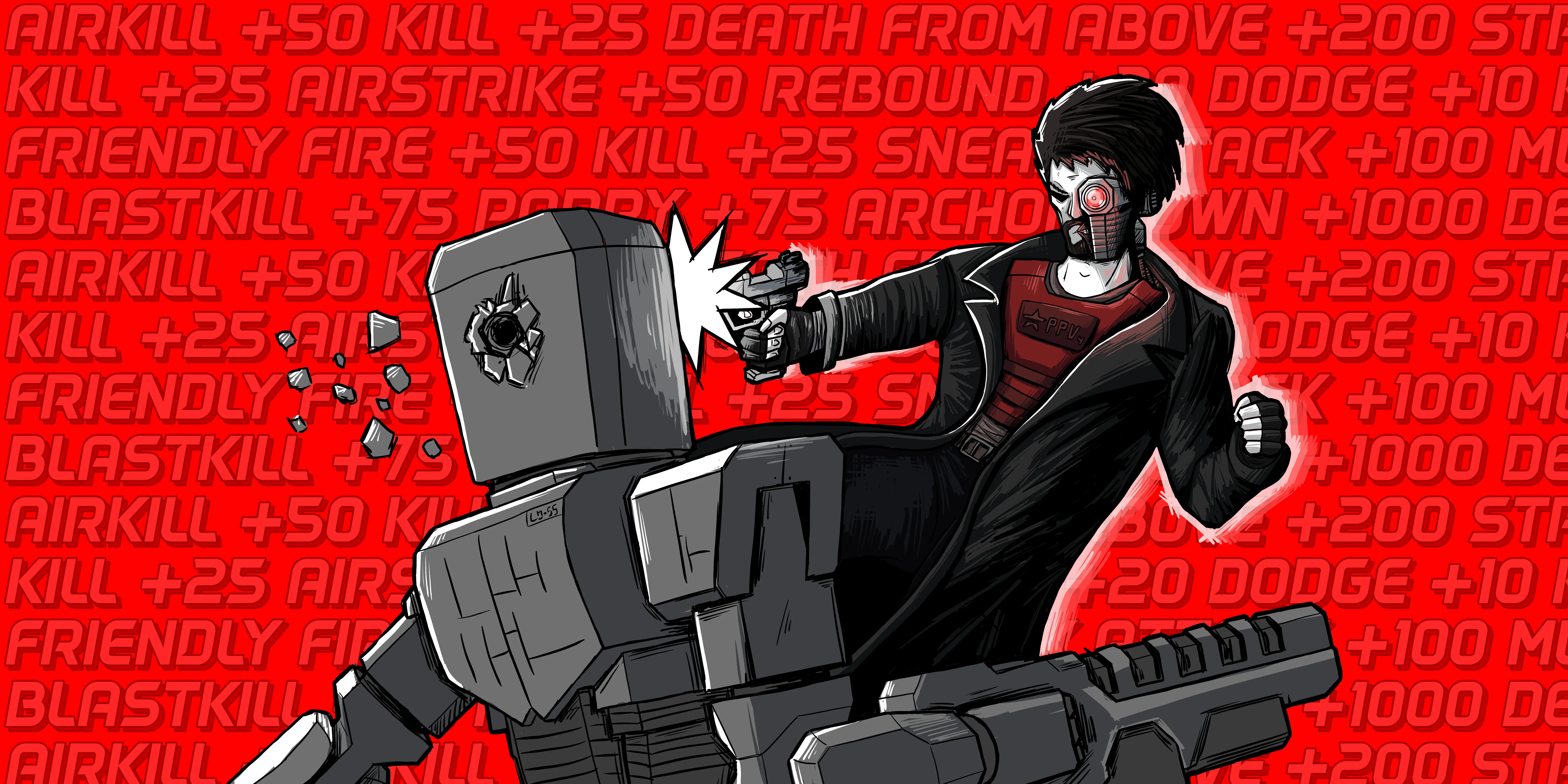 BASILISK Promo art featuring Roko jumping towards and shooting a robot.