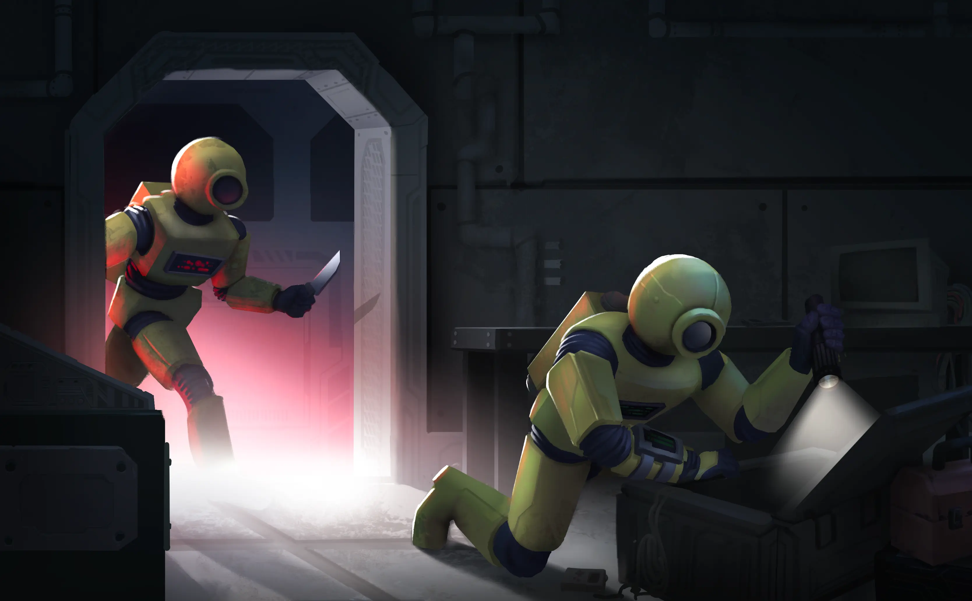Promo art for Conspiracy Crew featuring two spacemen, one crouched over and the other ominously holding a knife.